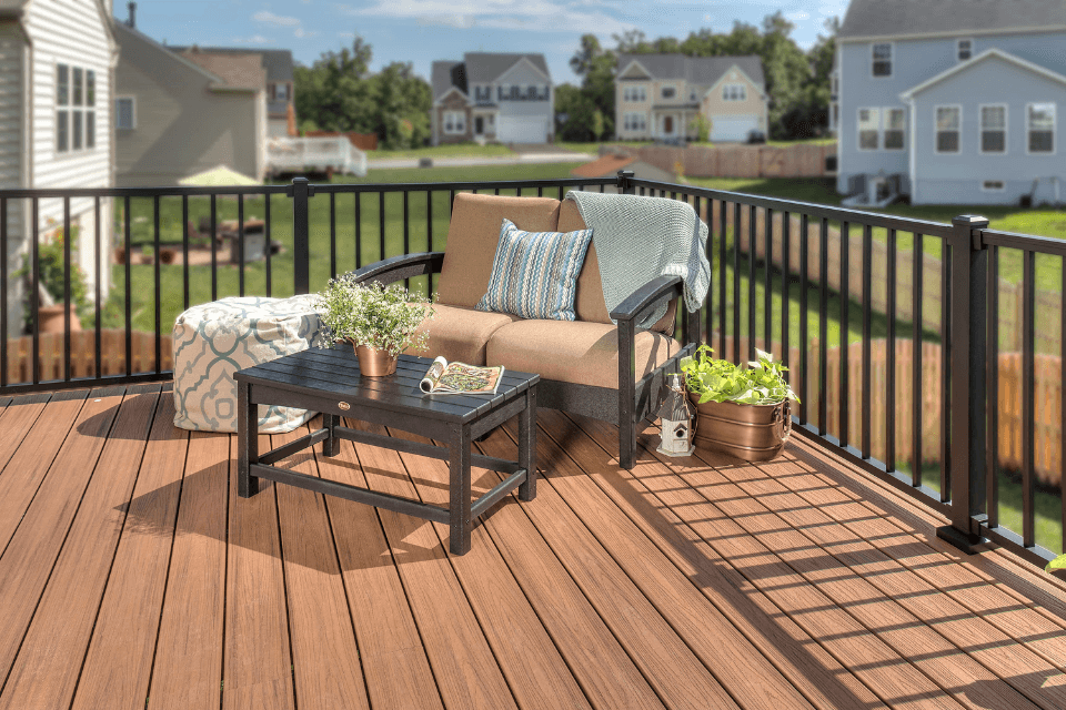 deck furniture ideas for comfort and style sofa with coffee table on composite decking custom built michigan